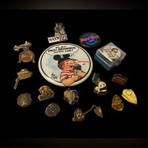 Assorted Vintage Enamel and Metal Pins - Mixed Brands, Black & Gold Accents